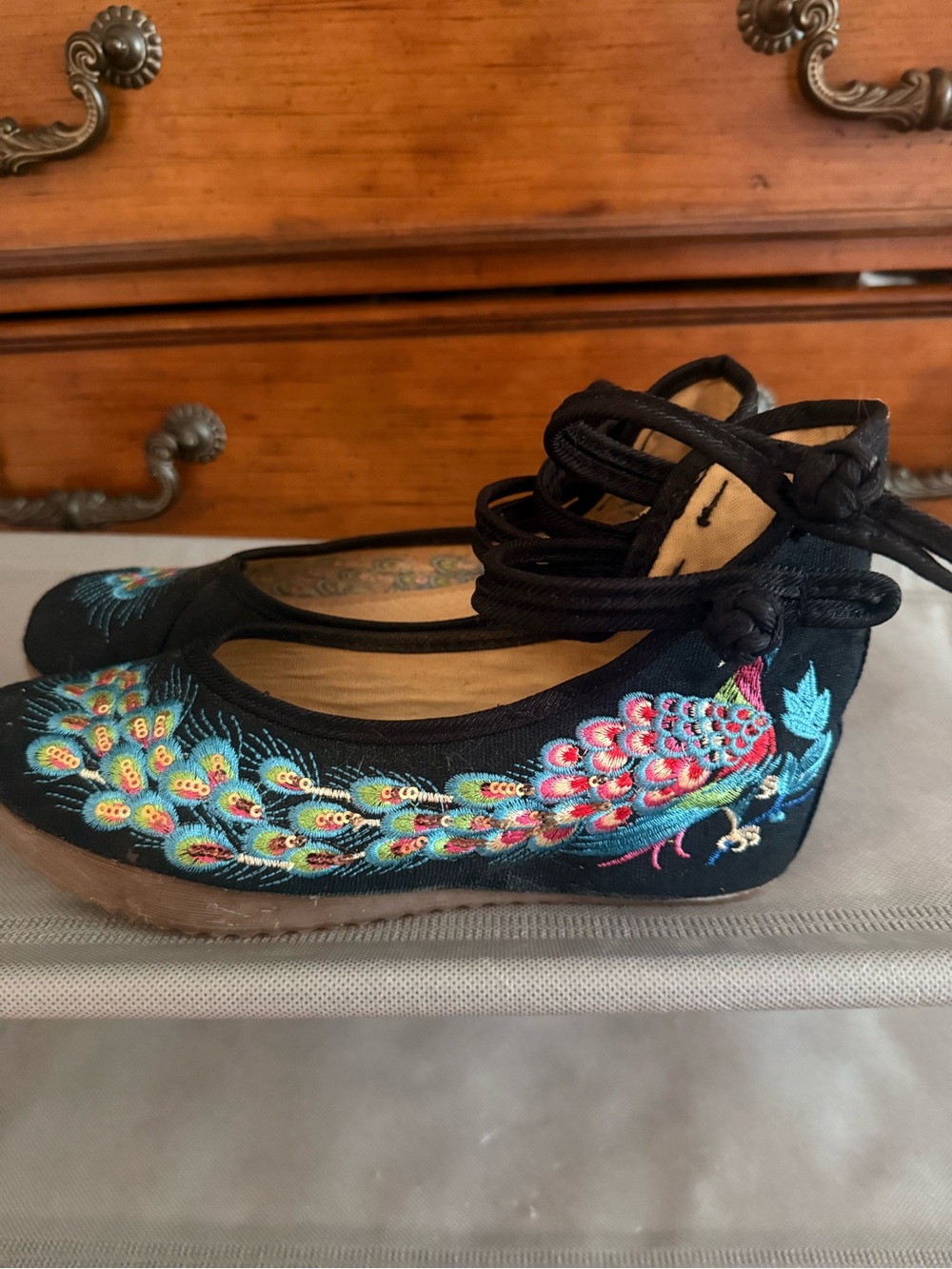 Black Embroidered Peacock Ballet Flats with Ankle Tie